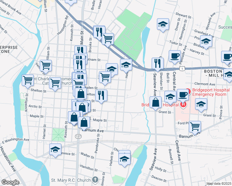 map of restaurants, bars, coffee shops, grocery stores, and more near 713 Ogden Street in Bridgeport