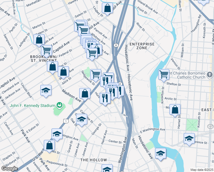 map of restaurants, bars, coffee shops, grocery stores, and more near 2014 Main Street in Bridgeport