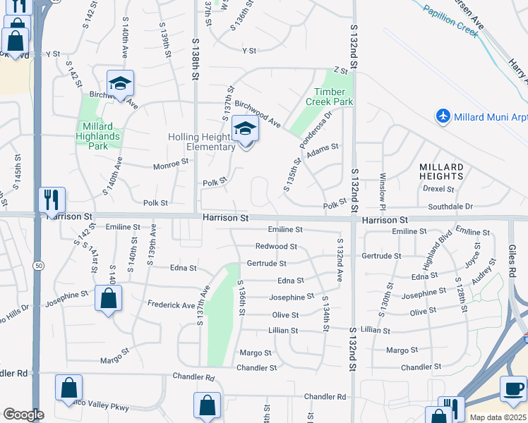 map of restaurants, bars, coffee shops, grocery stores, and more near 6805 South 135th Avenue in Omaha