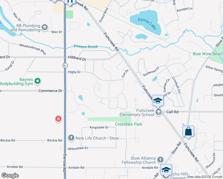 map of restaurants, bars, coffee shops, grocery stores, and more near 4525 Cox Drive in Stow