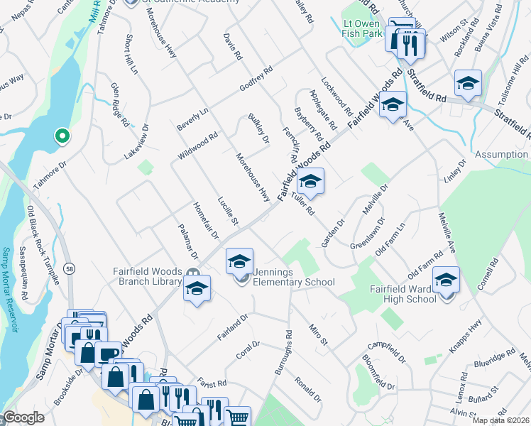 map of restaurants, bars, coffee shops, grocery stores, and more near 790 Fairfield Woods Road in Fairfield