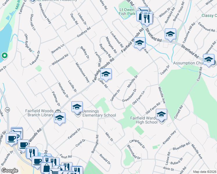 map of restaurants, bars, coffee shops, grocery stores, and more near 144 Tuller Road in Fairfield