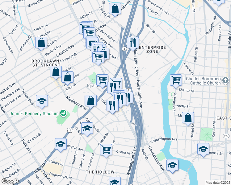 map of restaurants, bars, coffee shops, grocery stores, and more near 2016 Main Street in Bridgeport