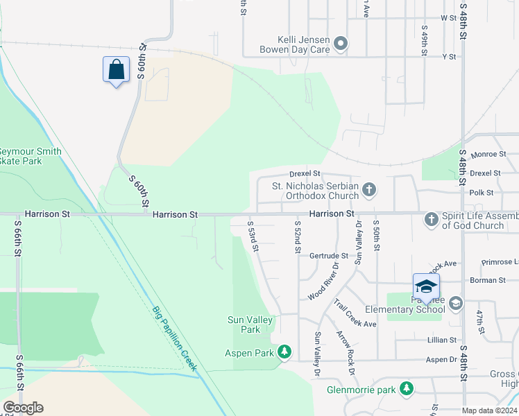 map of restaurants, bars, coffee shops, grocery stores, and more near 6811 South 53rd Street in Omaha