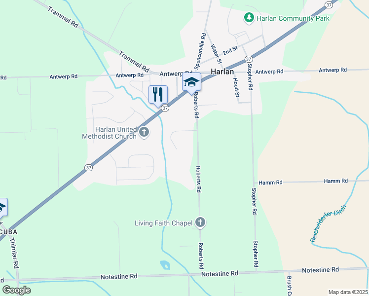 map of restaurants, bars, coffee shops, grocery stores, and more near 11327 Roberts Road in Harlan