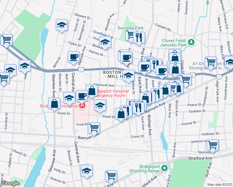 map of restaurants, bars, coffee shops, grocery stores, and more near 265 Prince Street in Bridgeport