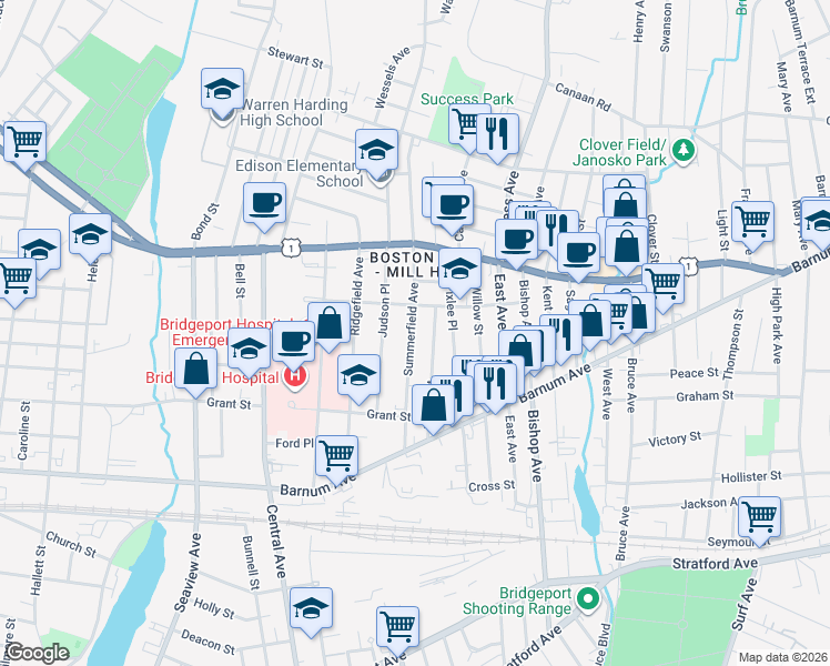 map of restaurants, bars, coffee shops, grocery stores, and more near 265 Prince Street in Bridgeport