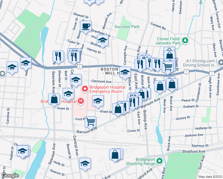 map of restaurants, bars, coffee shops, grocery stores, and more near 204 Judson Place in Bridgeport