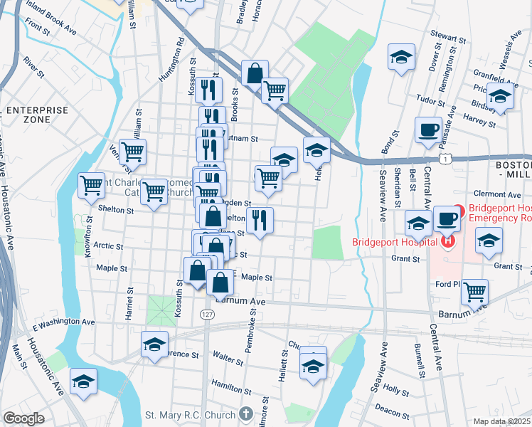 map of restaurants, bars, coffee shops, grocery stores, and more near 617 Ogden Street in Bridgeport