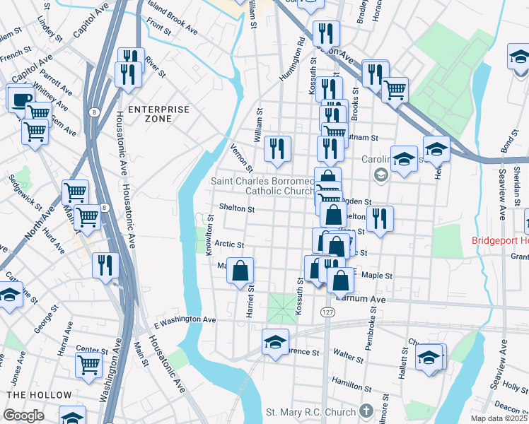 map of restaurants, bars, coffee shops, grocery stores, and more near 208 Ogden Street in Bridgeport