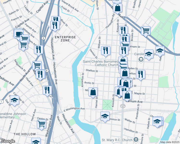 map of restaurants, bars, coffee shops, grocery stores, and more near 143 Shelton Street in Bridgeport