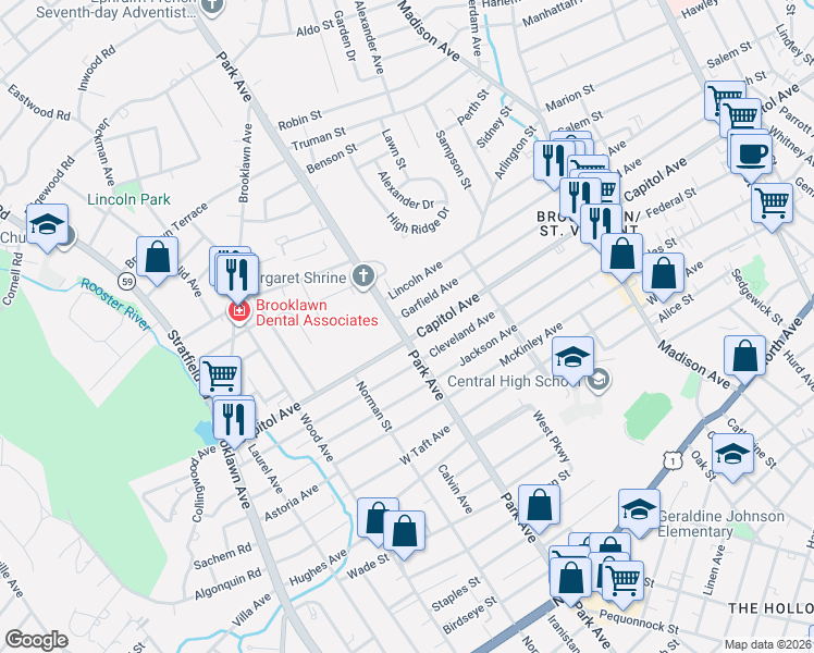 map of restaurants, bars, coffee shops, grocery stores, and more near 2436 Park Avenue in Bridgeport