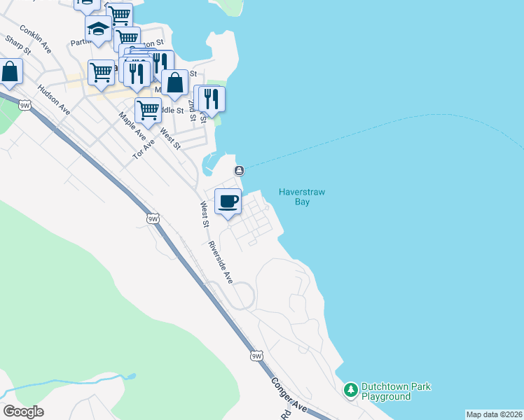 map of restaurants, bars, coffee shops, grocery stores, and more near 1100 Riverfront Lane in Haverstraw