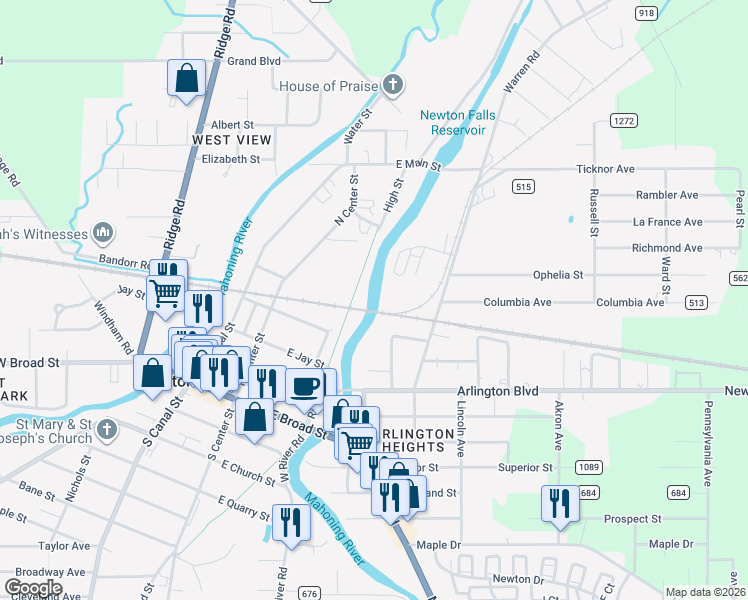 map of restaurants, bars, coffee shops, grocery stores, and more near in Newton Falls