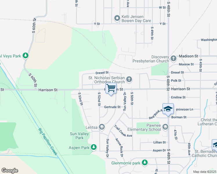 map of restaurants, bars, coffee shops, grocery stores, and more near 6730 South 51st Street in Omaha