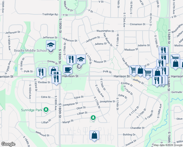map of restaurants, bars, coffee shops, grocery stores, and more near 17606 Polk Street in Omaha