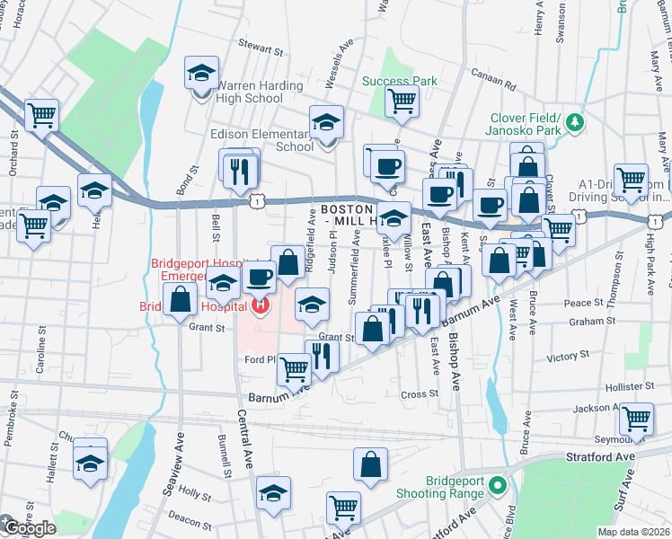 map of restaurants, bars, coffee shops, grocery stores, and more near 204 Judson Place in Bridgeport
