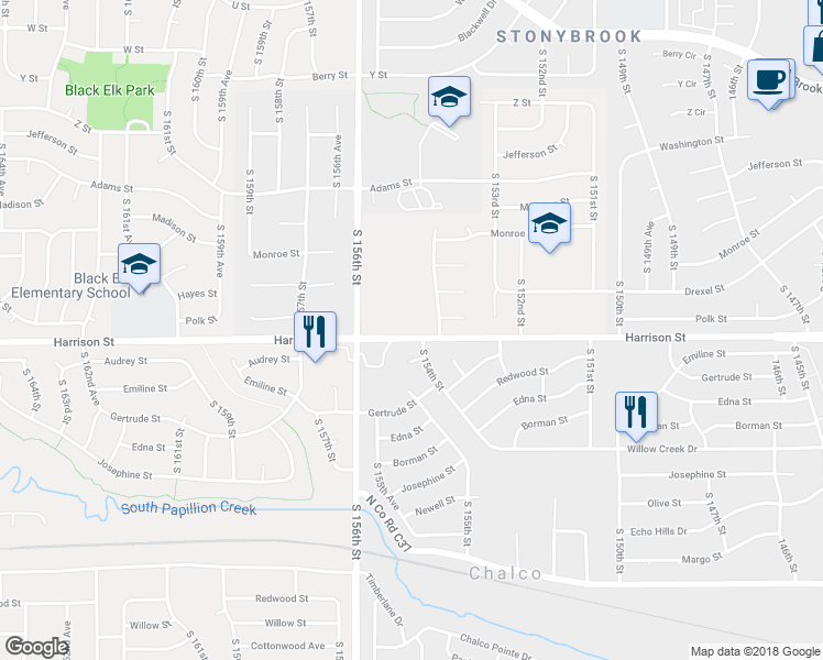 map of restaurants, bars, coffee shops, grocery stores, and more near 15506 Harrison Street in Omaha