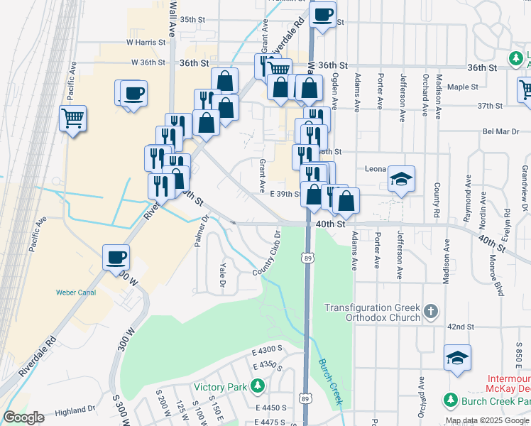 map of restaurants, bars, coffee shops, grocery stores, and more near 325 East Chimes View Circle in Ogden