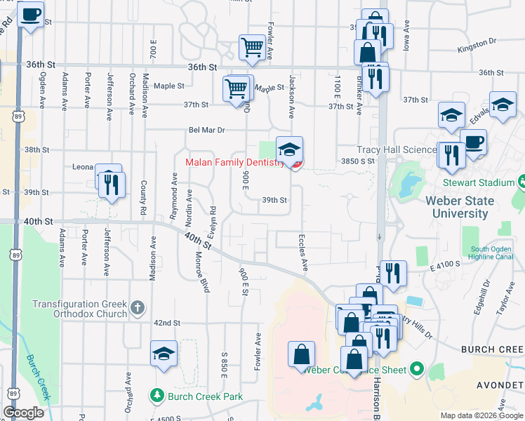 map of restaurants, bars, coffee shops, grocery stores, and more near 3908 950 East in Ogden