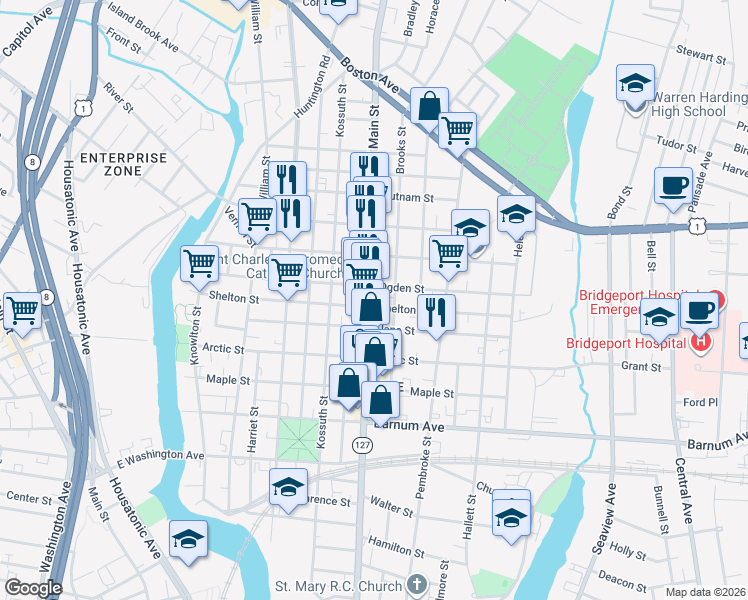 map of restaurants, bars, coffee shops, grocery stores, and more near 1188 East Main Street in Bridgeport