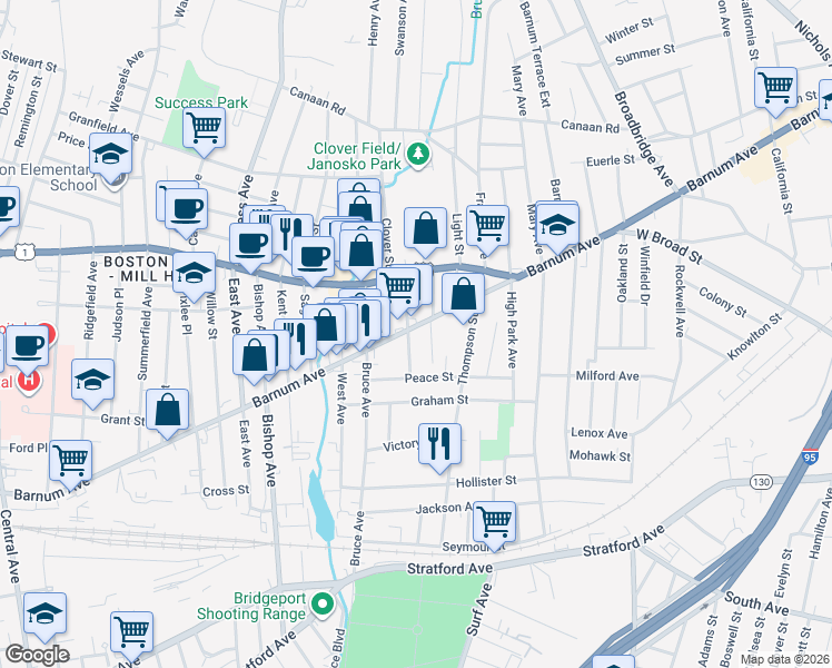 map of restaurants, bars, coffee shops, grocery stores, and more near 3 Agresta Terrace in Stratford