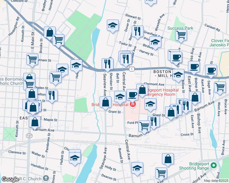 map of restaurants, bars, coffee shops, grocery stores, and more near 19 Bell Street in Bridgeport