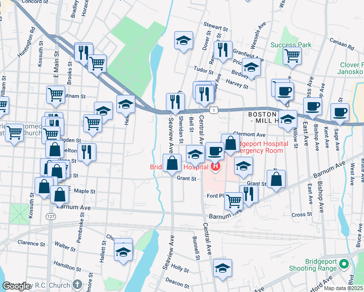 map of restaurants, bars, coffee shops, grocery stores, and more near 2084 Seaview Avenue in Bridgeport