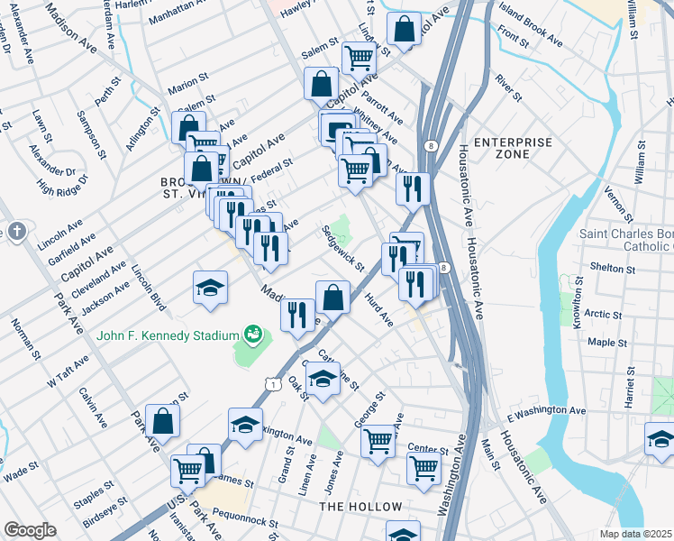 map of restaurants, bars, coffee shops, grocery stores, and more near 59 Beers Street in Bridgeport