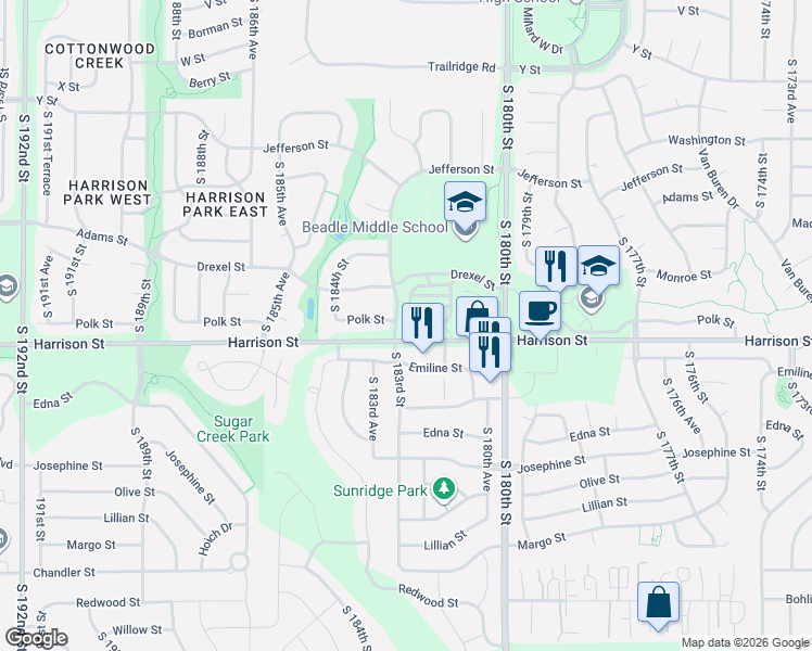 map of restaurants, bars, coffee shops, grocery stores, and more near 18304 Polk Street in Omaha