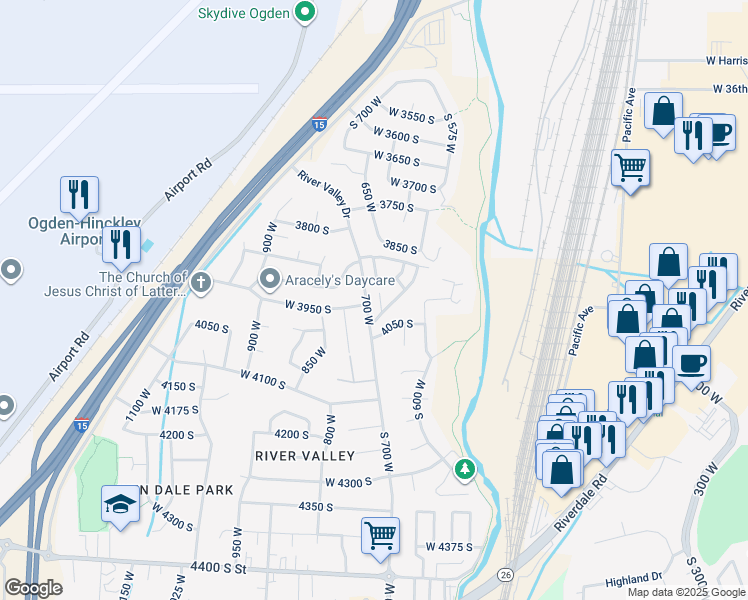 map of restaurants, bars, coffee shops, grocery stores, and more near 3975 Westwind Court in Ogden