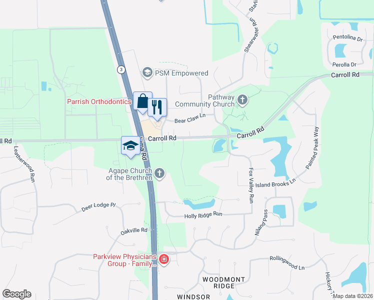 map of restaurants, bars, coffee shops, grocery stores, and more near 1621 Carroll Road in Fort Wayne