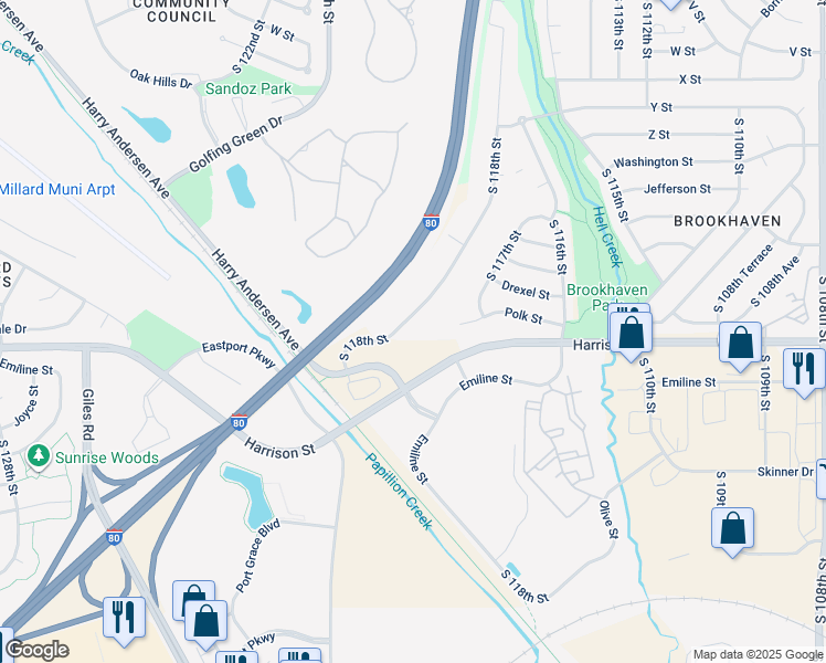 map of restaurants, bars, coffee shops, grocery stores, and more near 6780-6860 South 118th Street in Omaha