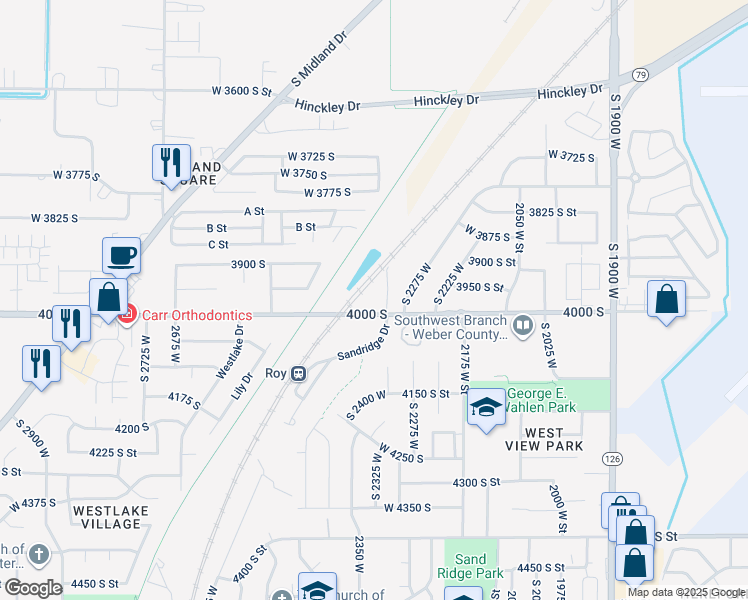 map of restaurants, bars, coffee shops, grocery stores, and more near 2338 West 4000 South in Roy