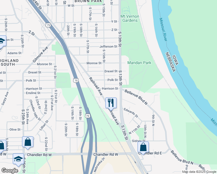map of restaurants, bars, coffee shops, grocery stores, and more near 1340 Harrison Street in Omaha