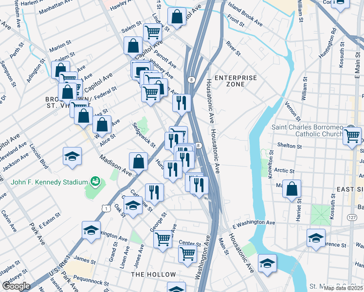map of restaurants, bars, coffee shops, grocery stores, and more near 12 Thompson Street in Bridgeport