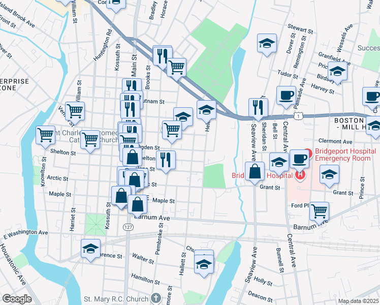 map of restaurants, bars, coffee shops, grocery stores, and more near 701 Hallett Street in Bridgeport