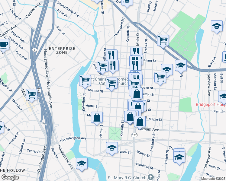 map of restaurants, bars, coffee shops, grocery stores, and more near 292 Ogden Street in Bridgeport