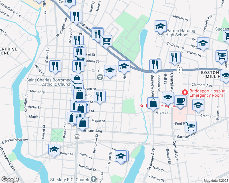 map of restaurants, bars, coffee shops, grocery stores, and more near 701 Hallett Street in Bridgeport