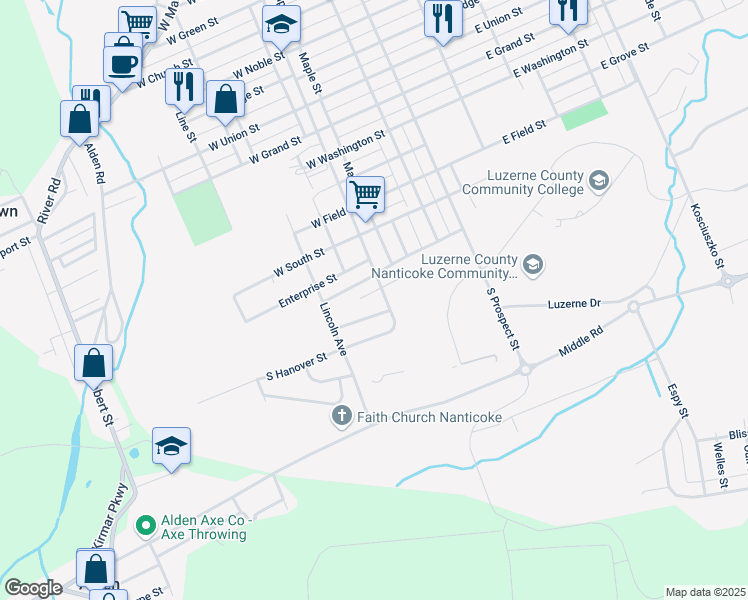 map of restaurants, bars, coffee shops, grocery stores, and more near 109 Hanlin Drive in Nanticoke