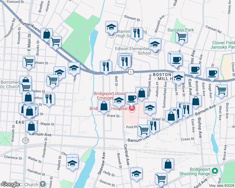 map of restaurants, bars, coffee shops, grocery stores, and more near 19 Bell Street in Bridgeport