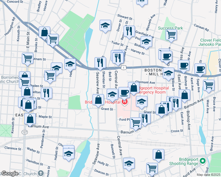 map of restaurants, bars, coffee shops, grocery stores, and more near 19 Bell Street in Bridgeport