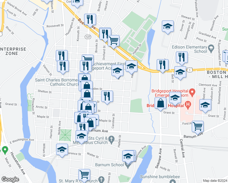 map of restaurants, bars, coffee shops, grocery stores, and more near 713 Ogden Street in Bridgeport
