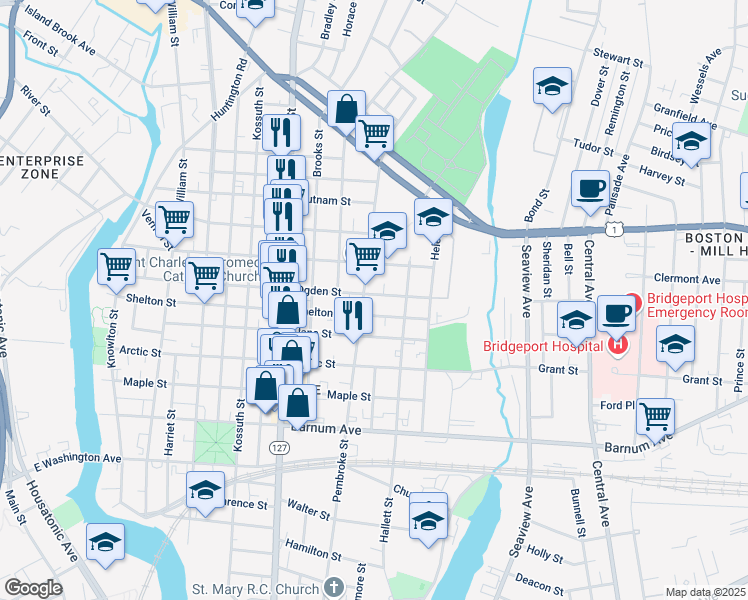 map of restaurants, bars, coffee shops, grocery stores, and more near 617 Ogden Street in Bridgeport