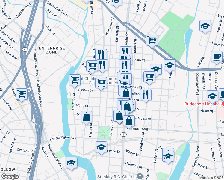 map of restaurants, bars, coffee shops, grocery stores, and more near 956 Kossuth Street in Bridgeport