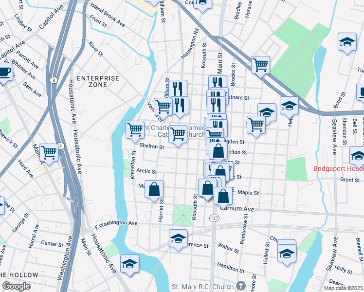 map of restaurants, bars, coffee shops, grocery stores, and more near 292 Ogden Street in Bridgeport