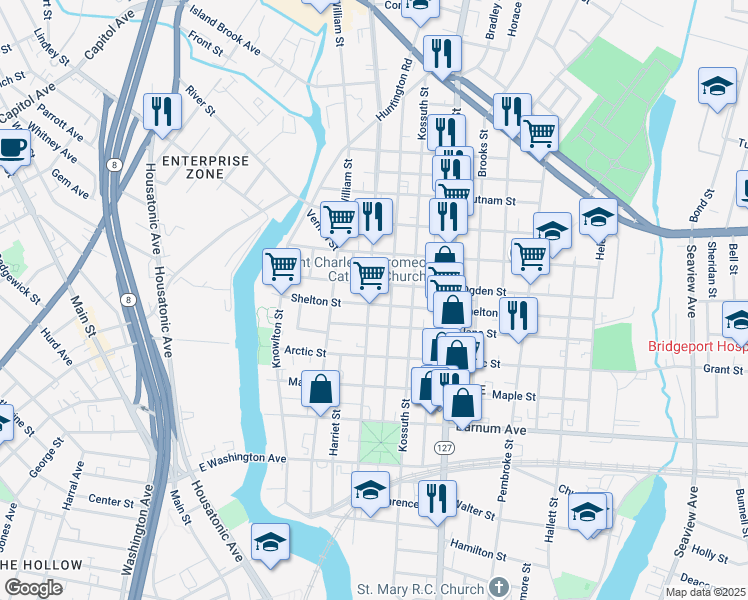 map of restaurants, bars, coffee shops, grocery stores, and more near 292 Ogden Street in Bridgeport