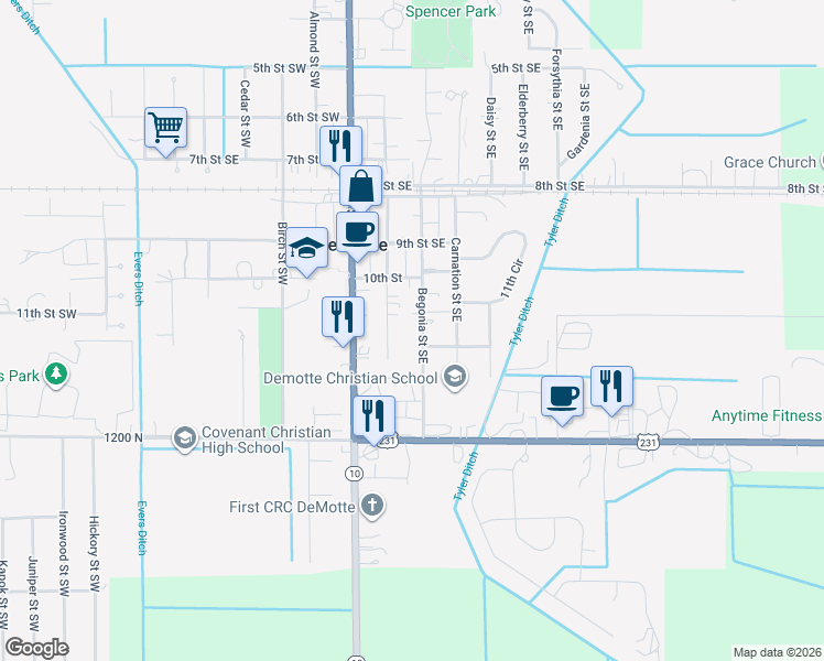 map of restaurants, bars, coffee shops, grocery stores, and more near 1102 Begonia St SE in De Motte
