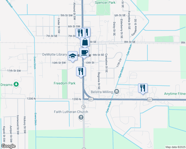 map of restaurants, bars, coffee shops, grocery stores, and more near 1102 Begonia St SE in De Motte