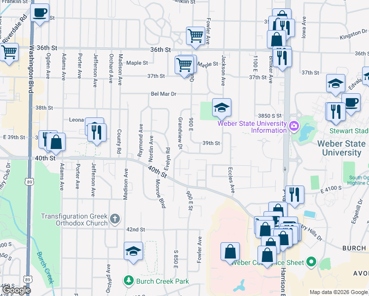 map of restaurants, bars, coffee shops, grocery stores, and more near 3878 Grandview Drive in Ogden
